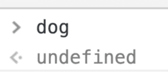 the browser console showing the value of dog as undefined