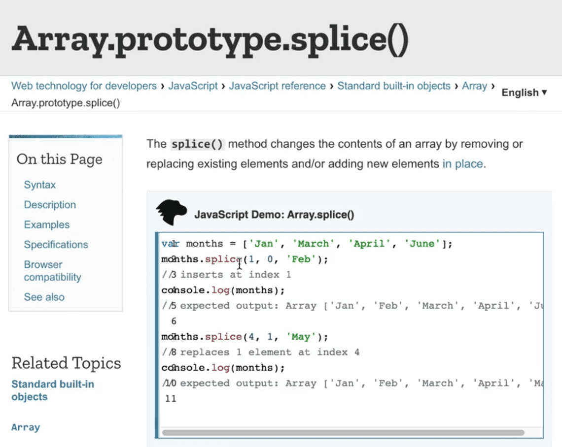 MDN documentation page showing .splice() method