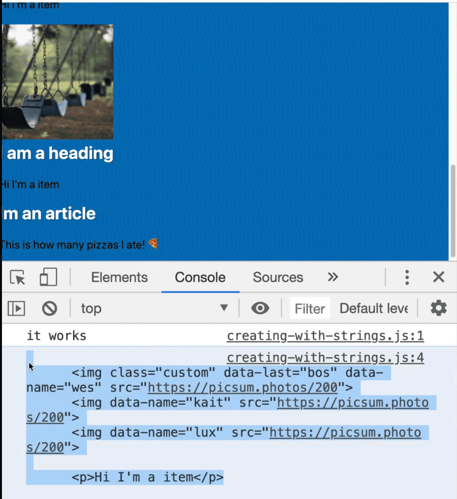 browser console showing logged output of innerHTML
