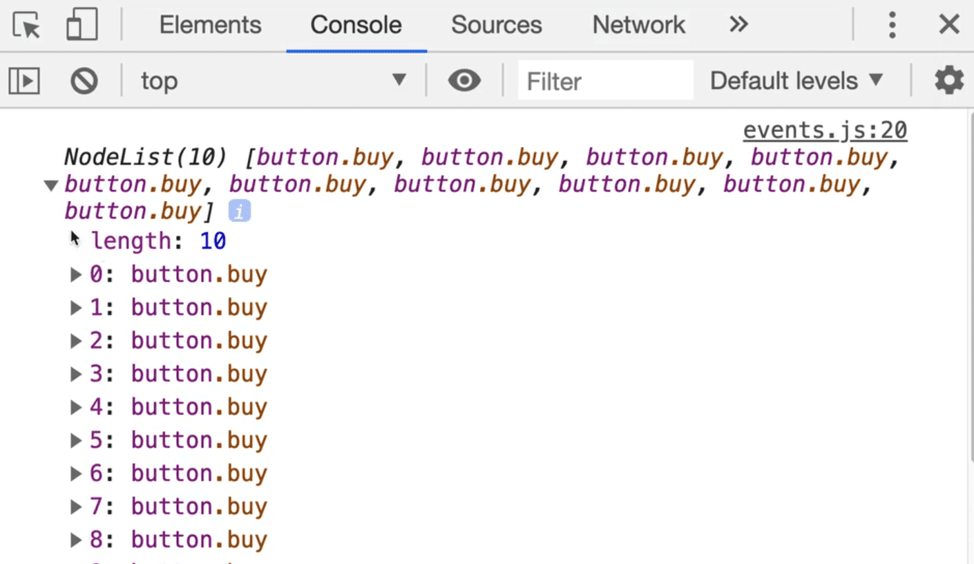 browser console output of a nodelist of buttons from .querySelectorAll