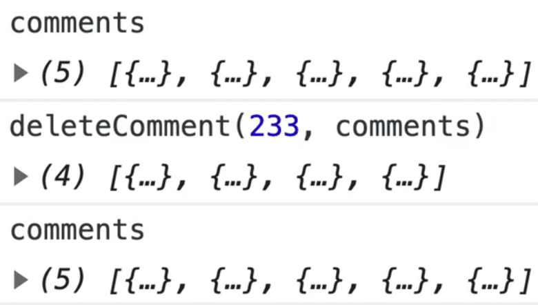 browser console showing deleteComment array with deleted comments from comments array