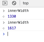 browser console showing the output of innerWidth when entered into the browser console