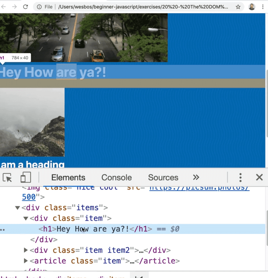 browser console showing logged output of innerHTML after its contents changed by setting on innerHTML