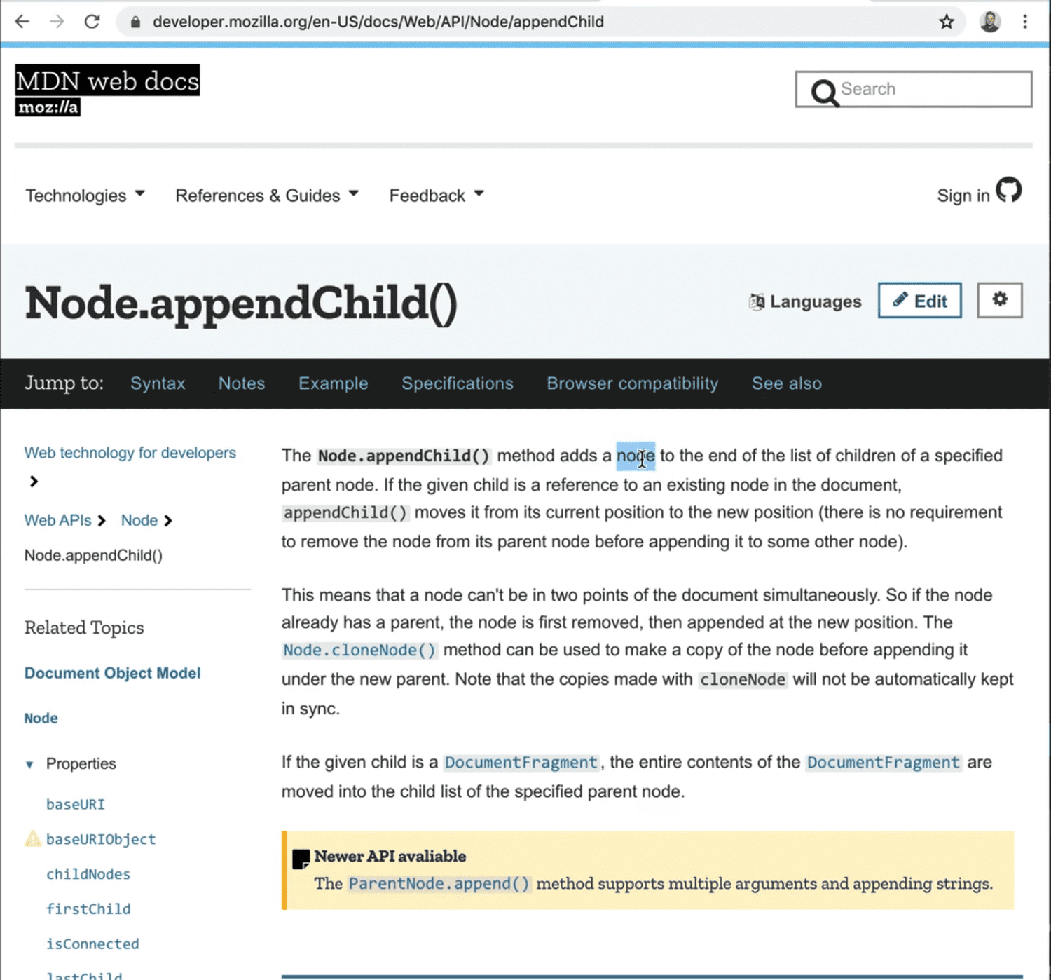 the node.appendChild MDN web docs page