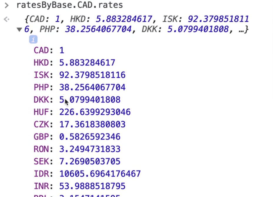 browser output showing output from ratesByBase.CAD.rates