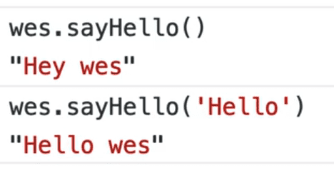 browser console output showing sayHello() method with passed parameter