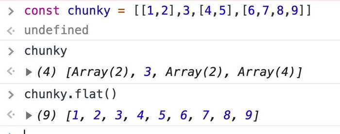 🔥 New in ES2019, we have a .flat() method to flatten these types of chunked arrays.
