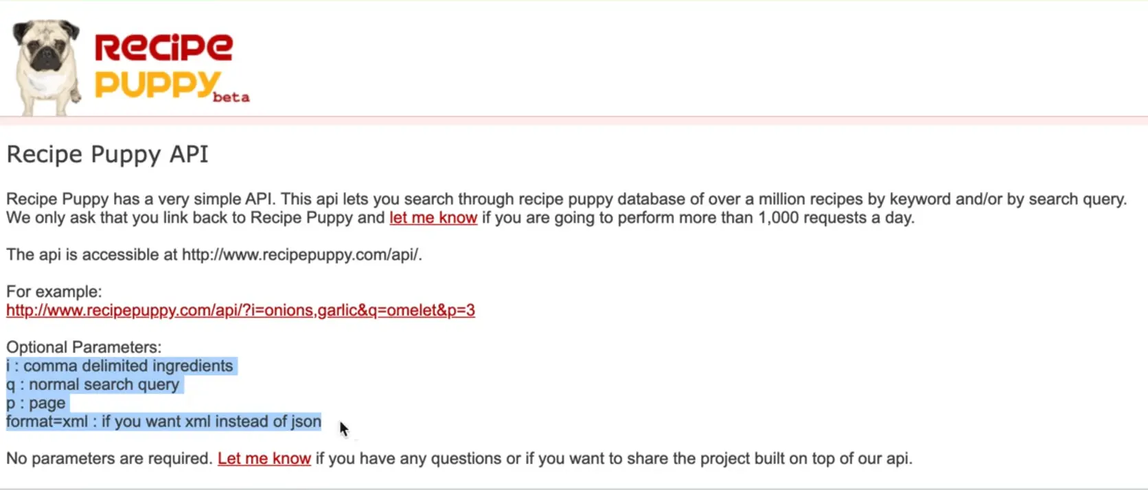 a list of query params available on recipepuppy api endpoint