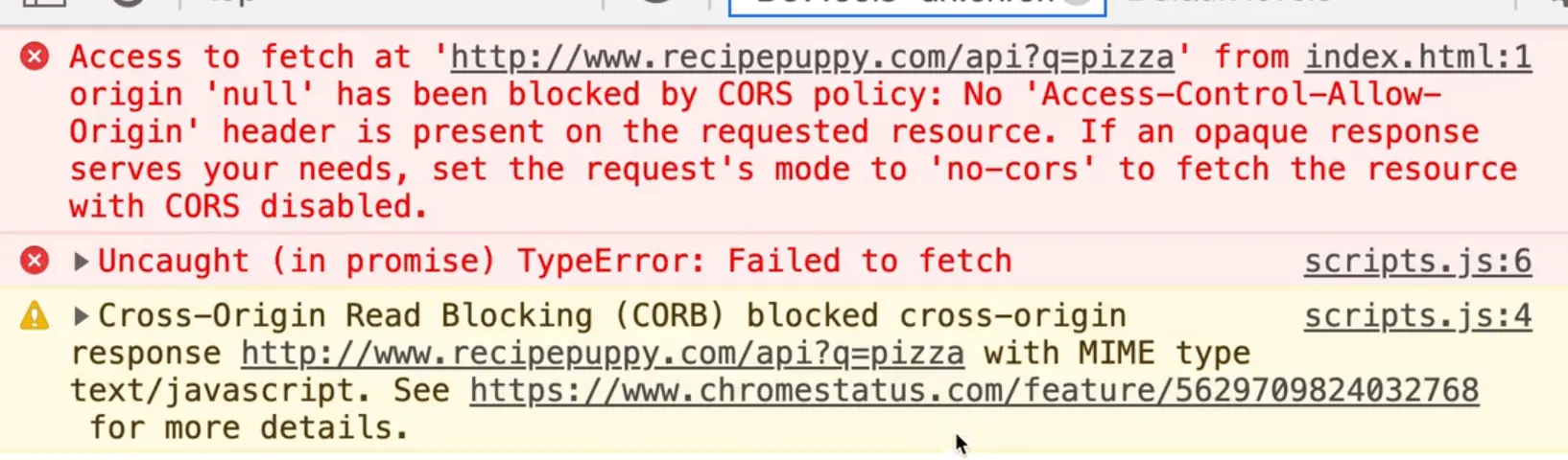 browser console showing CORS Policy error