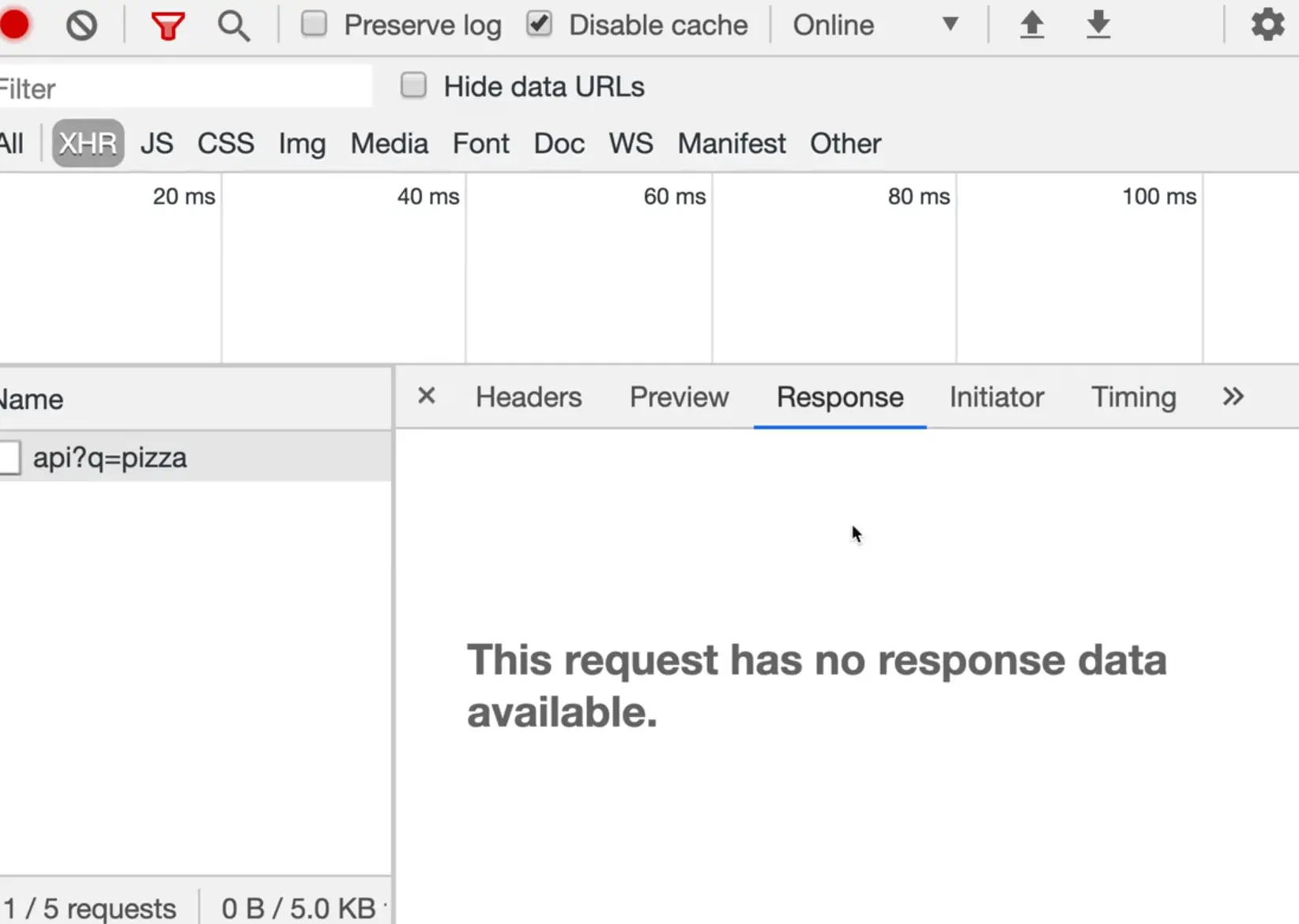 browser network tab showing request has no response data