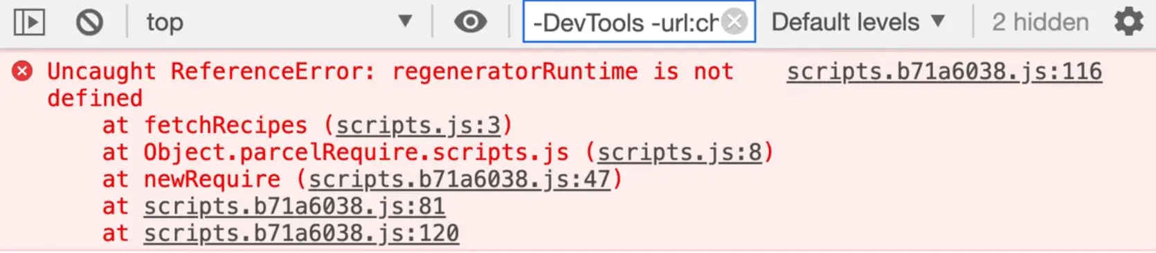 browser console showing Uncaught ReferenceError
