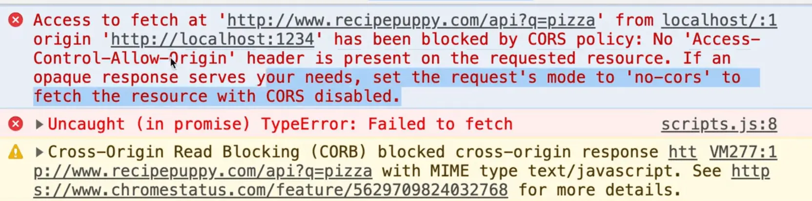 browser console showing CORS Policy error