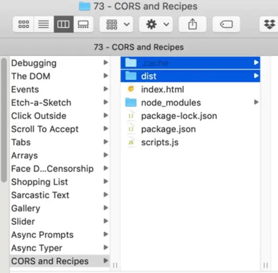 os file system showing cache/ and dist/ folder locations