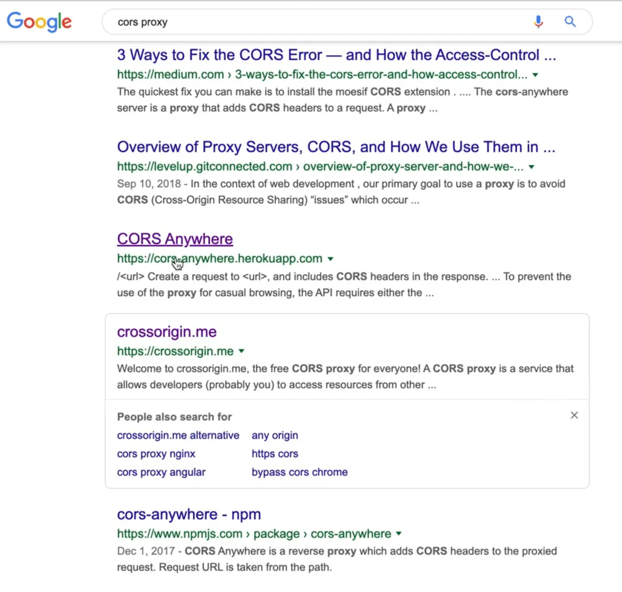 google resulst for cors proxy