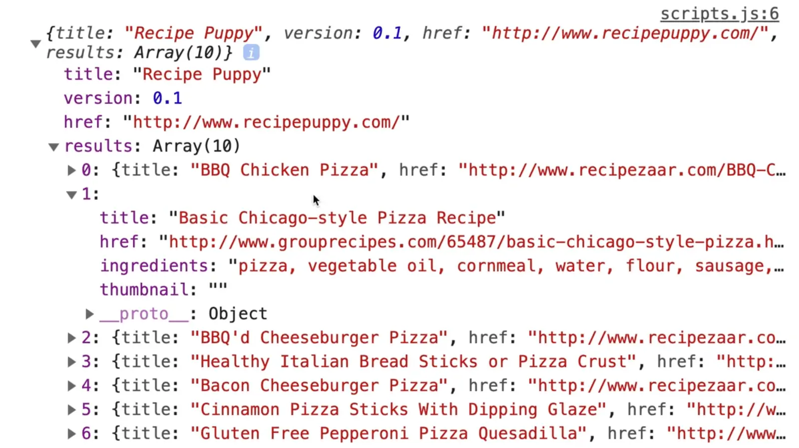 browser console output showing response data