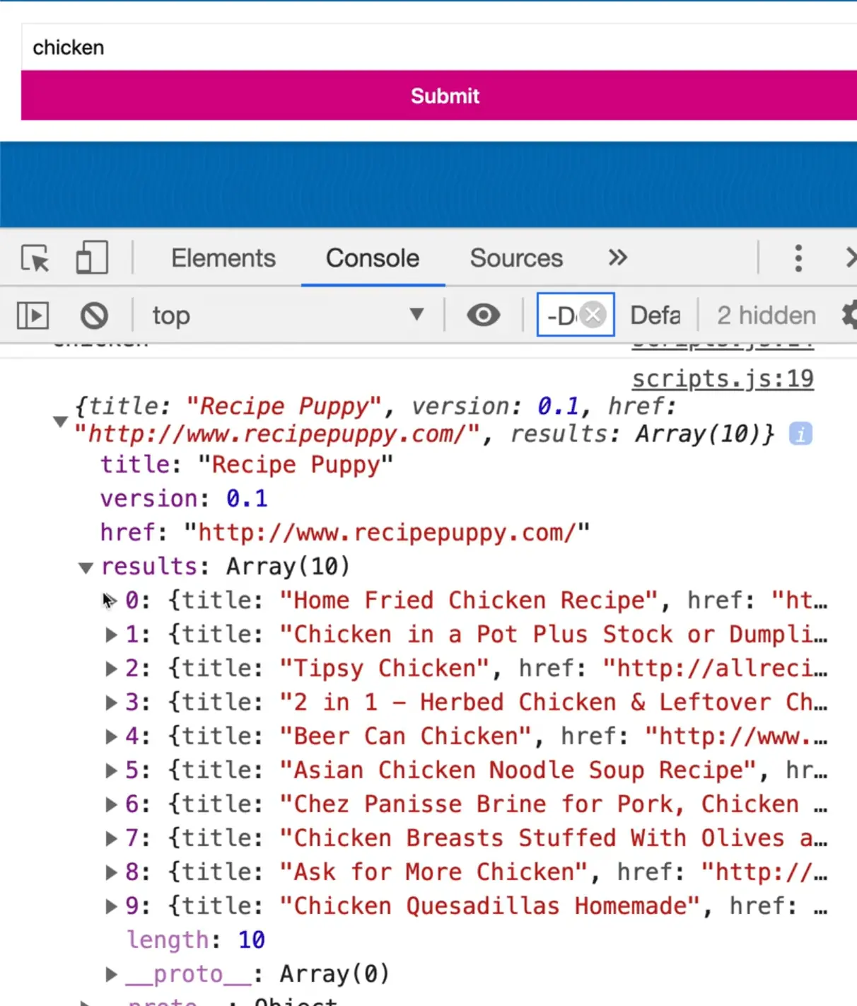rendered page showing filled in form and browser console outputting the forms response data