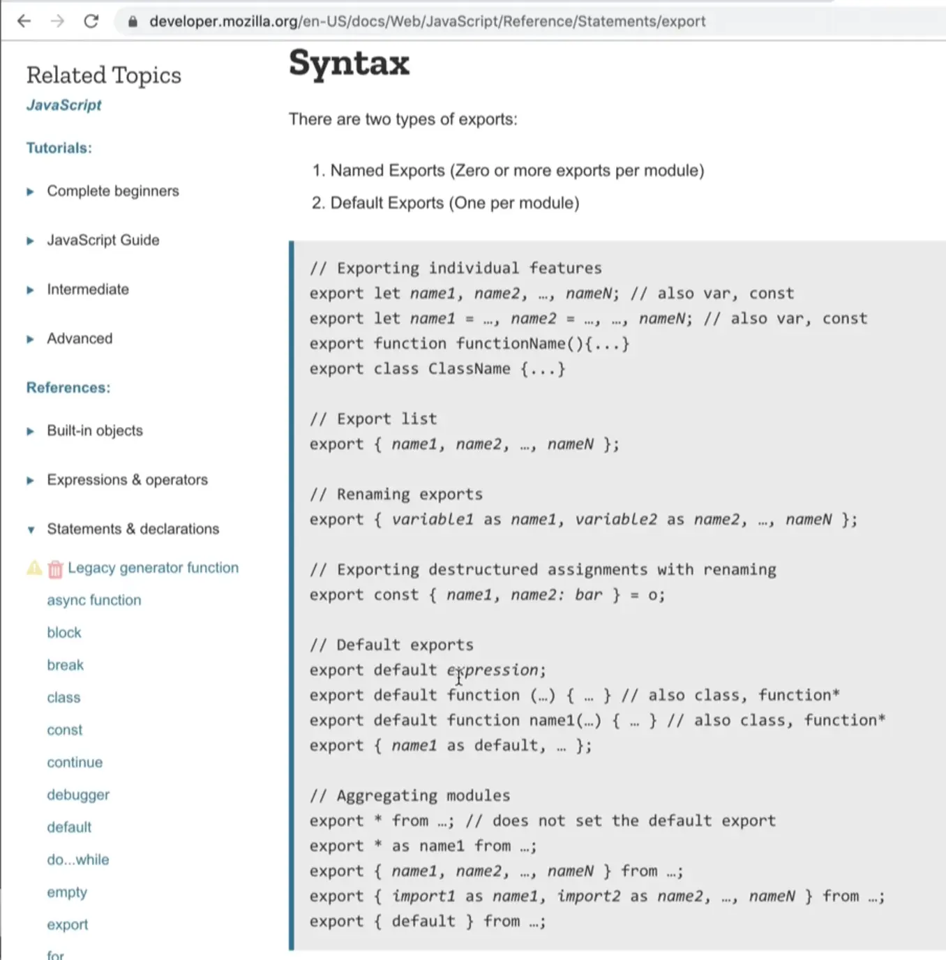 mdn documentation about exporting module