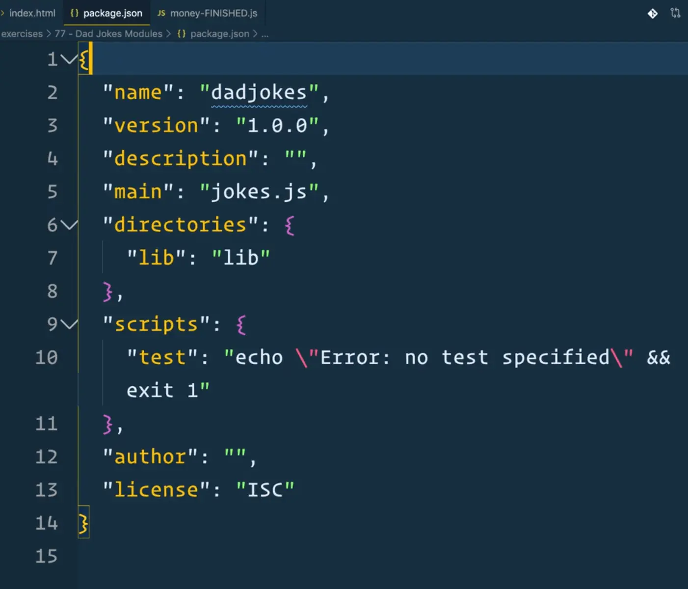 package.json after answering a bunch of questions