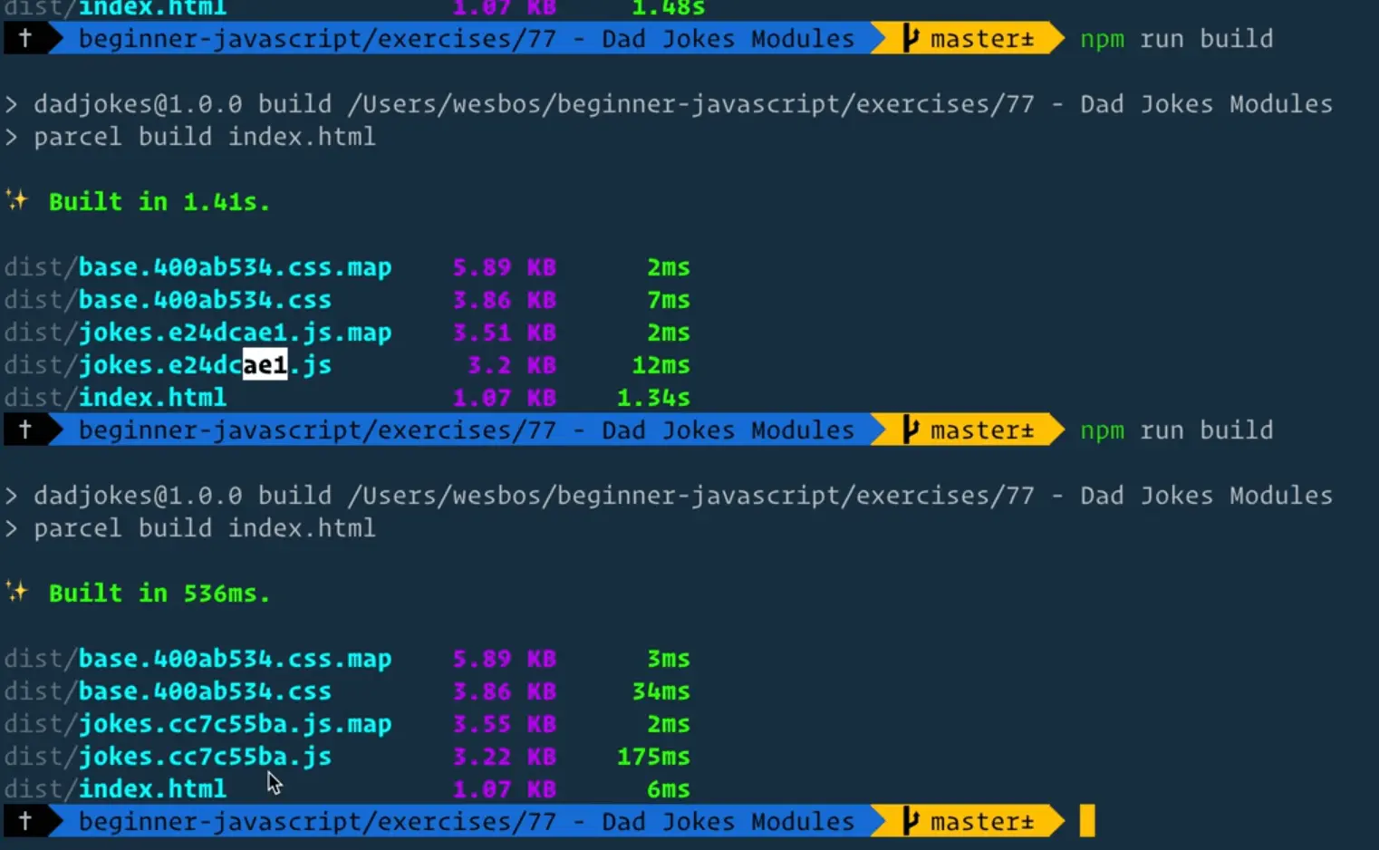 if we add a log statement at the bottom of jokes.js and re run the build we see number in the jokes javascript file have changed