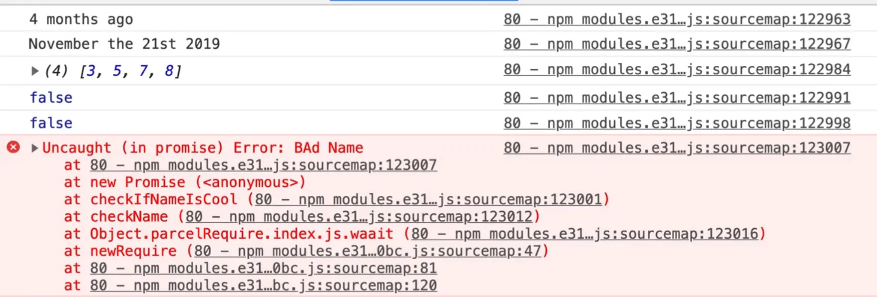 uncaught error - bad name in console