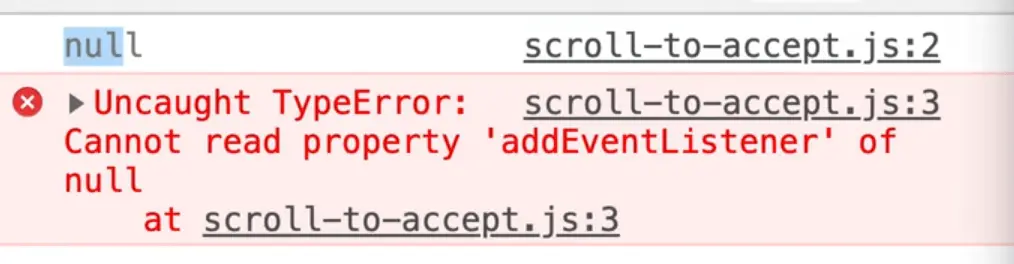 console showing an Uncaught TypeError: Cannot read property 'addEventListener' of null