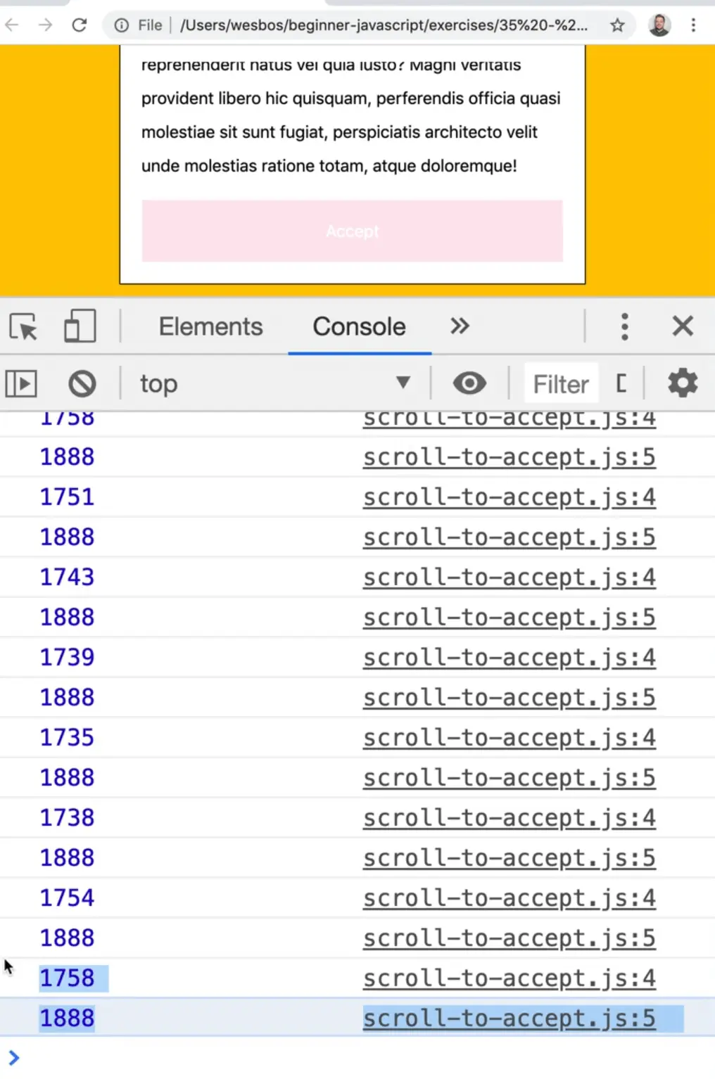 console showing logs scroll event handler