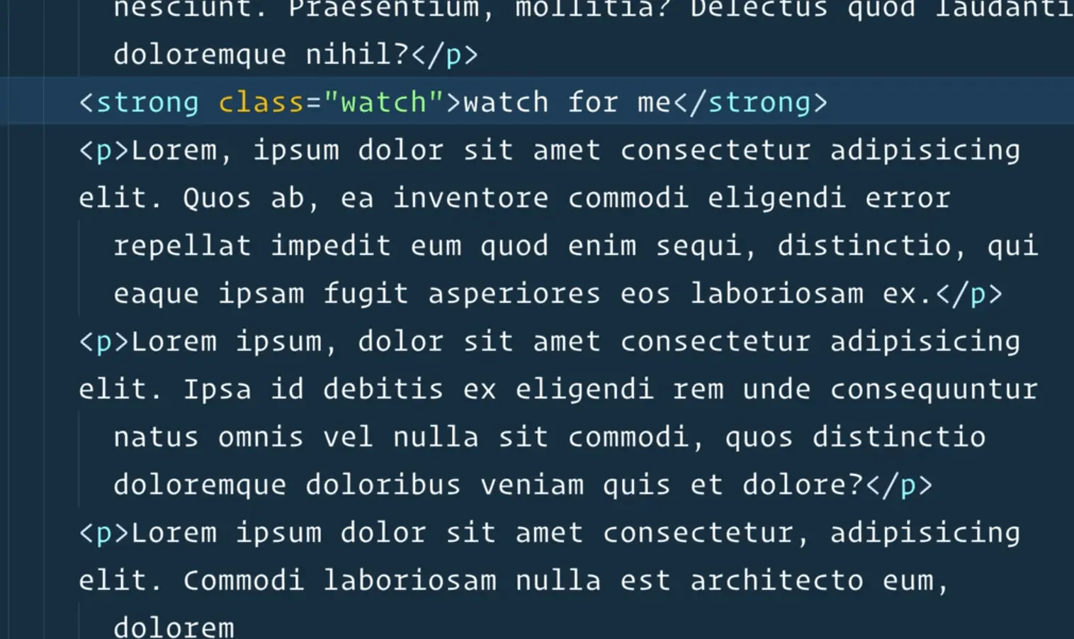 editor showing a high;ighted strong element with a classname watch