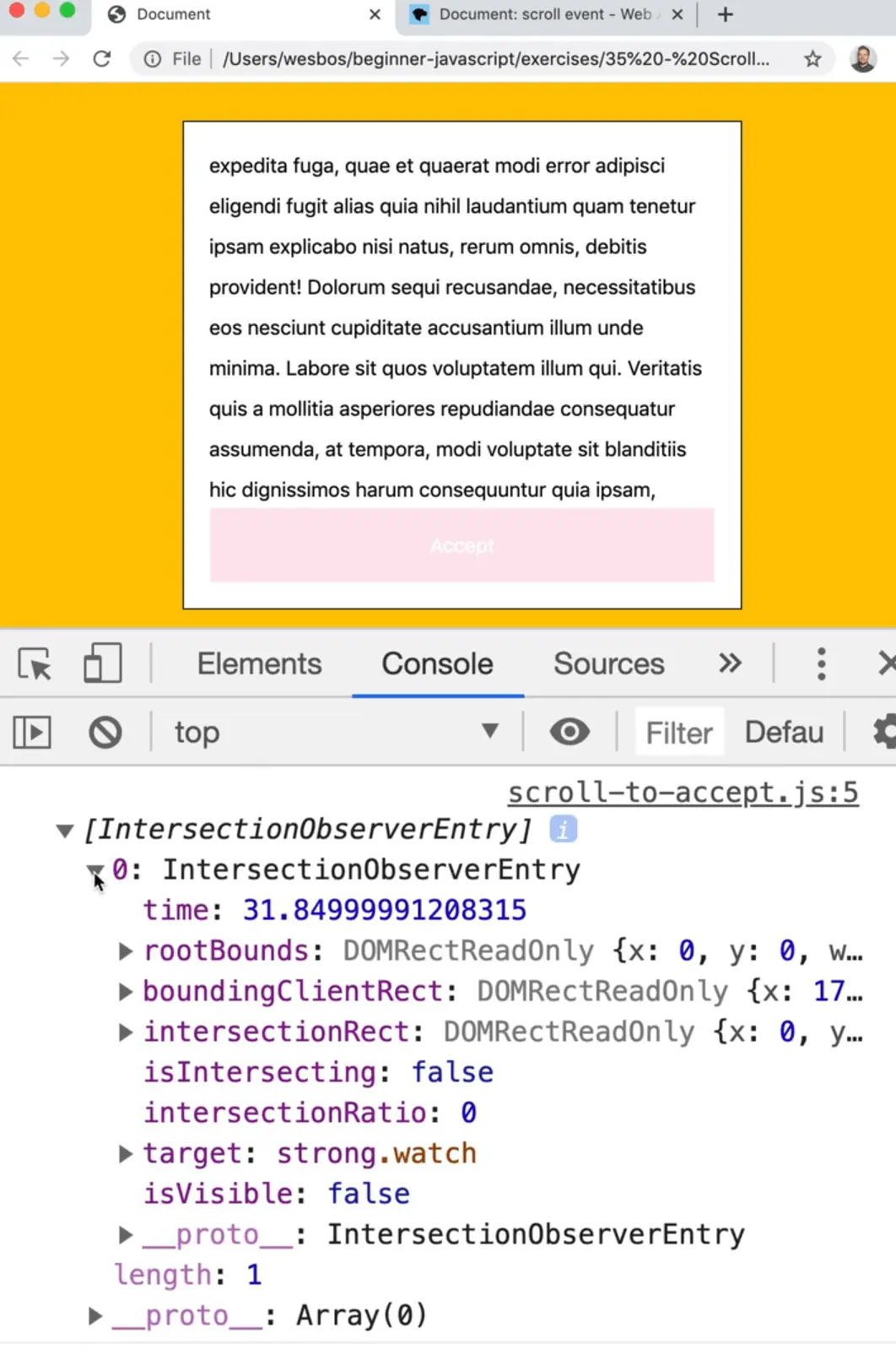 console showing array of IntersectionObserverEntry object