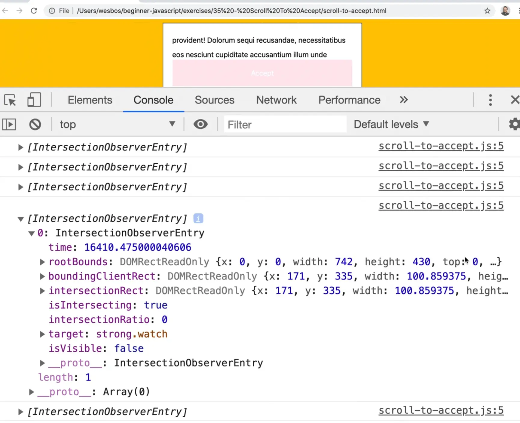 console showing logs of an arrays of IntersectionObserverEntry object