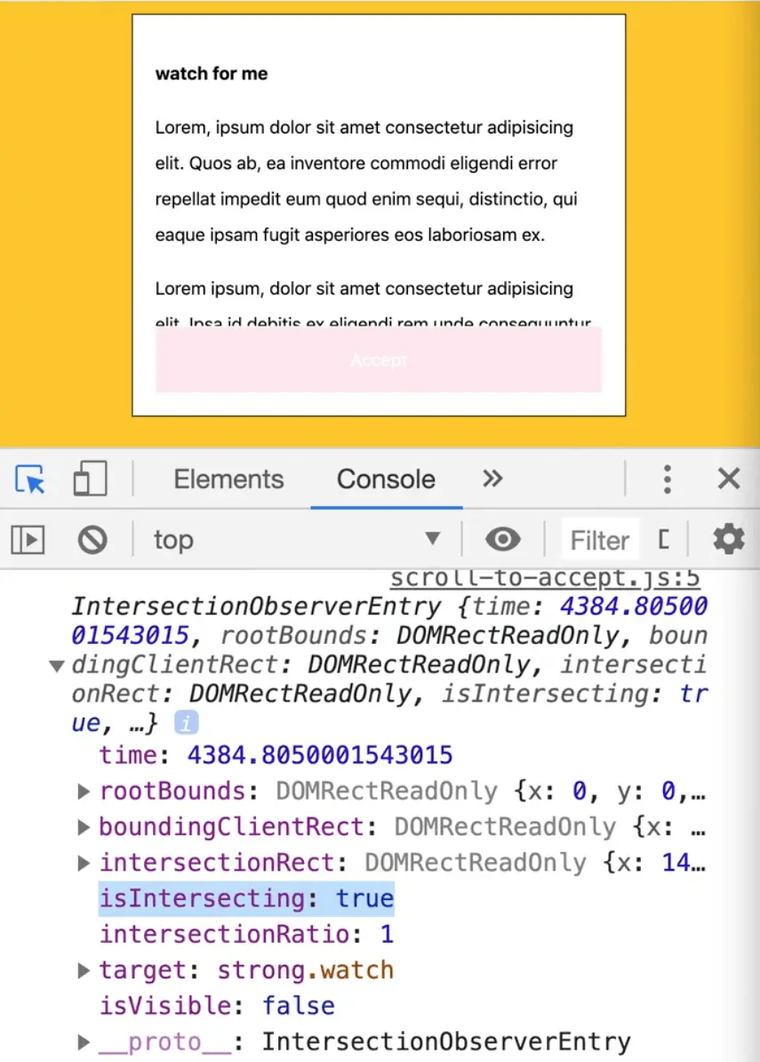 console showing logged IntersectionObserverEntry object with isIntersecting property highlighted
