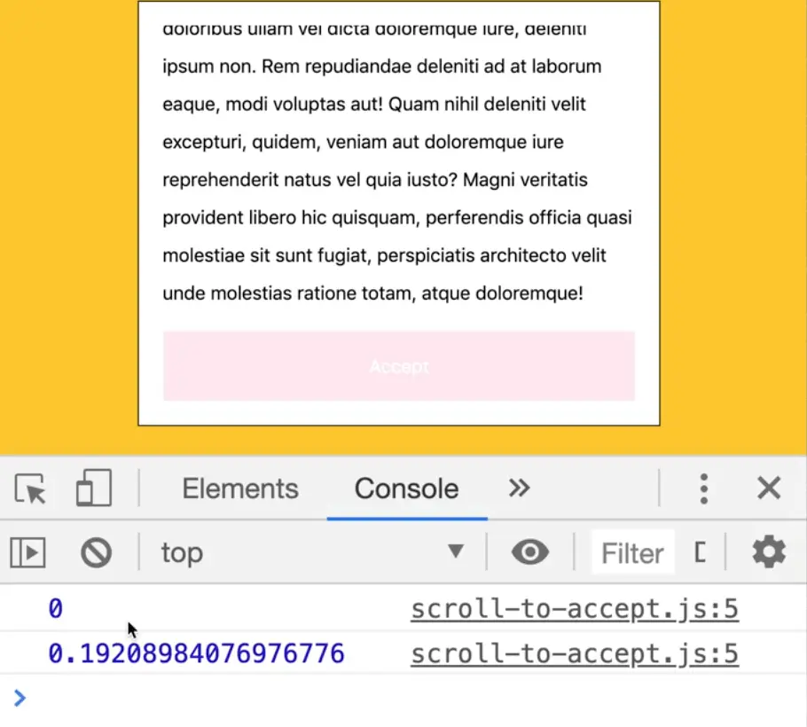 console showing scroll intersectionRatio logs