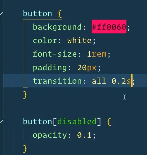 editor showing CSS code for button element