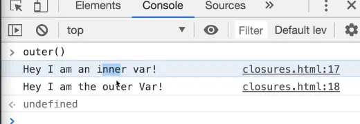 console showing logs 'hey I am an inner var' followed by 'Hey I am the outer Var'