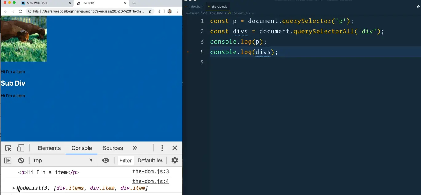 browser console showing a nodeList from querySelectorAll query