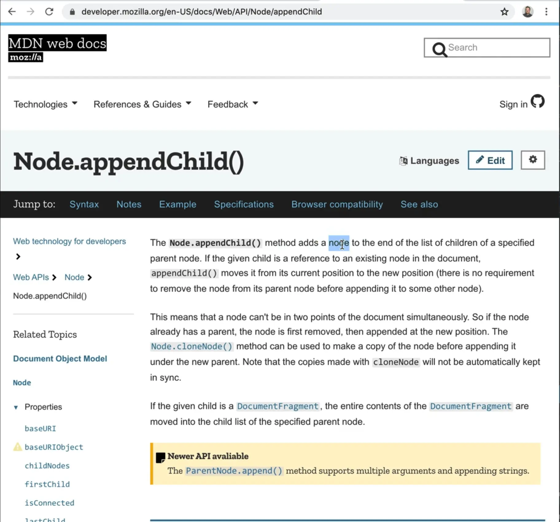 the node.appendChild MDN web docs page