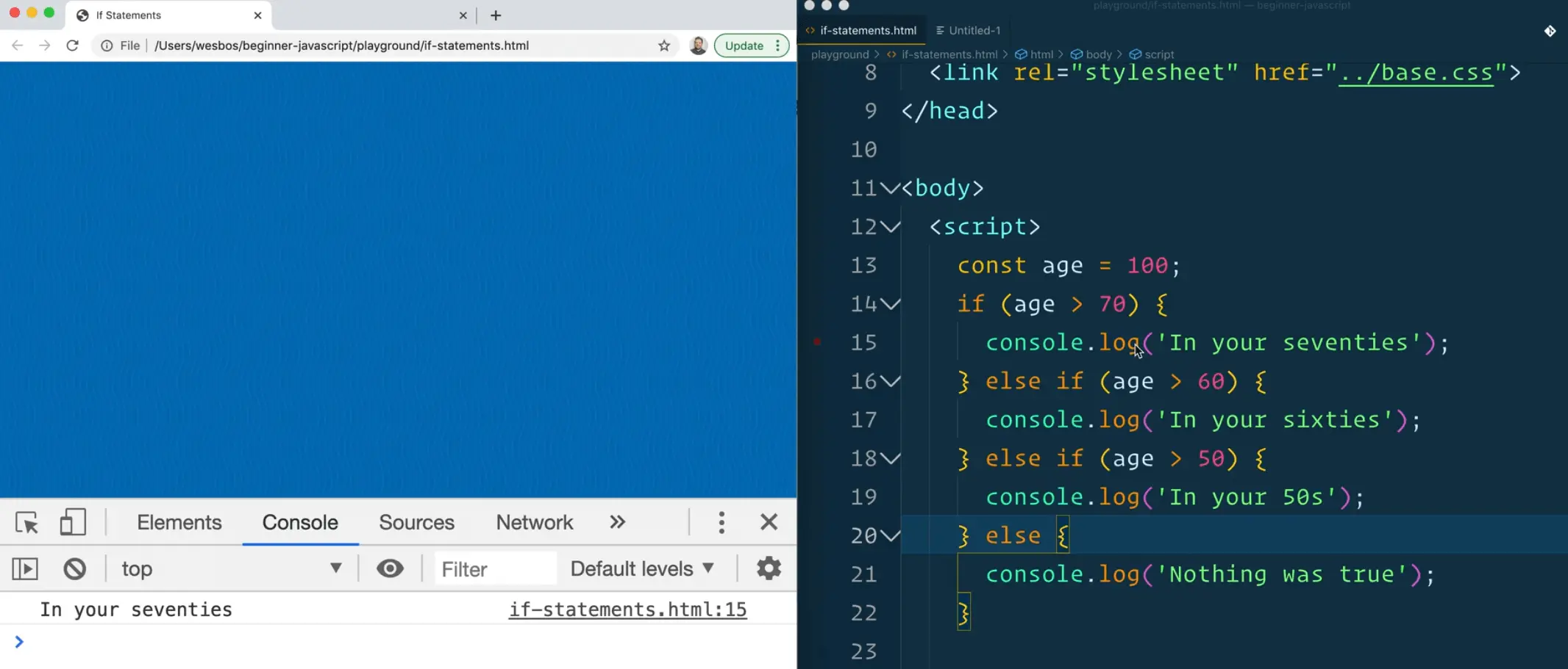 browser console showing in your seventies