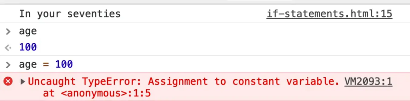 browser console showing error: Uncaught TypeError: Assignment to constant variable.