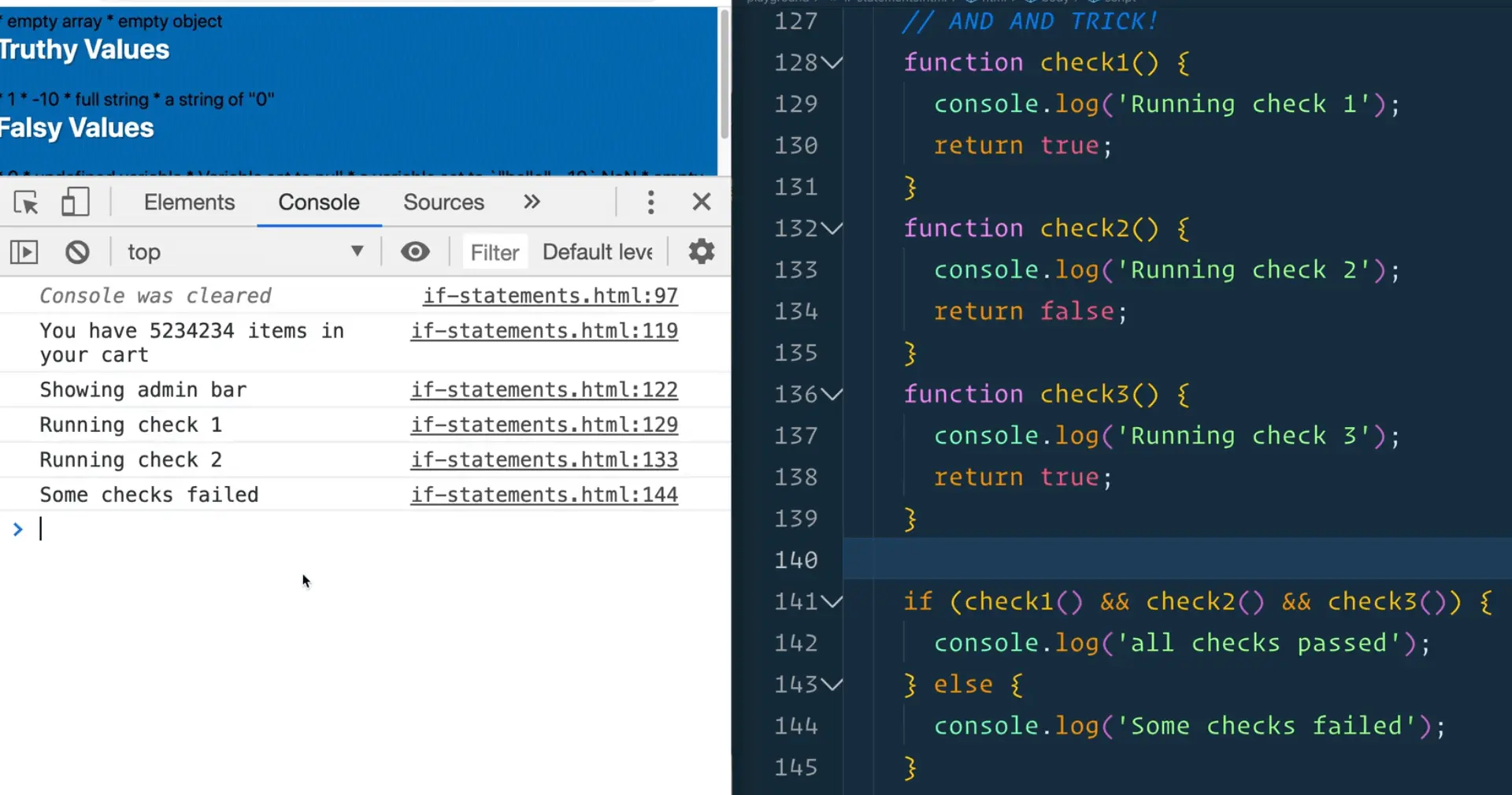 browser console showing output from various check functions