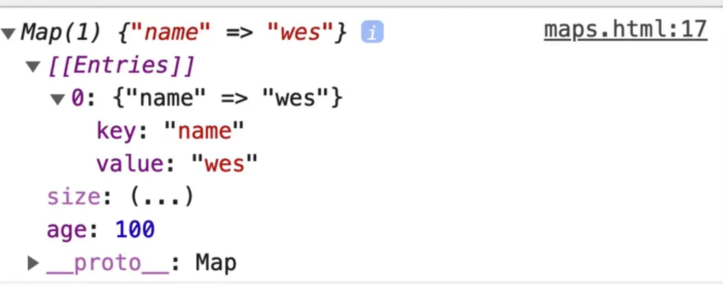 browser console output showing myMap Map instance with manually added attribute age