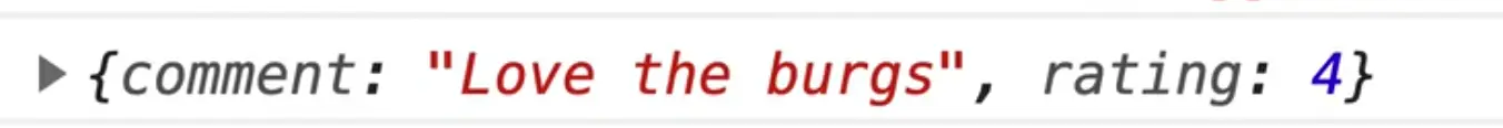 browser console showing object comment attribute containing burg
