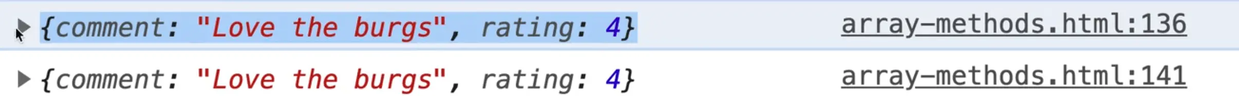 browser console showing first element from feedback array
