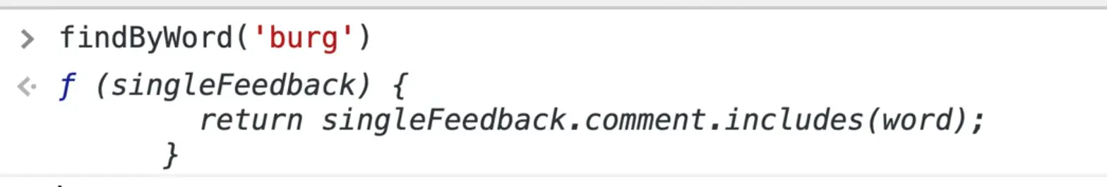 browser console showing findByWord() function
