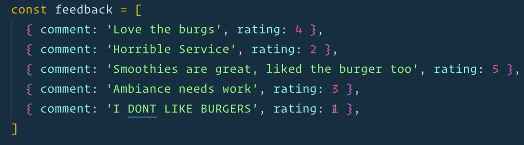 code snippet of feedback array