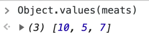 browser console showing meats object converted to array
