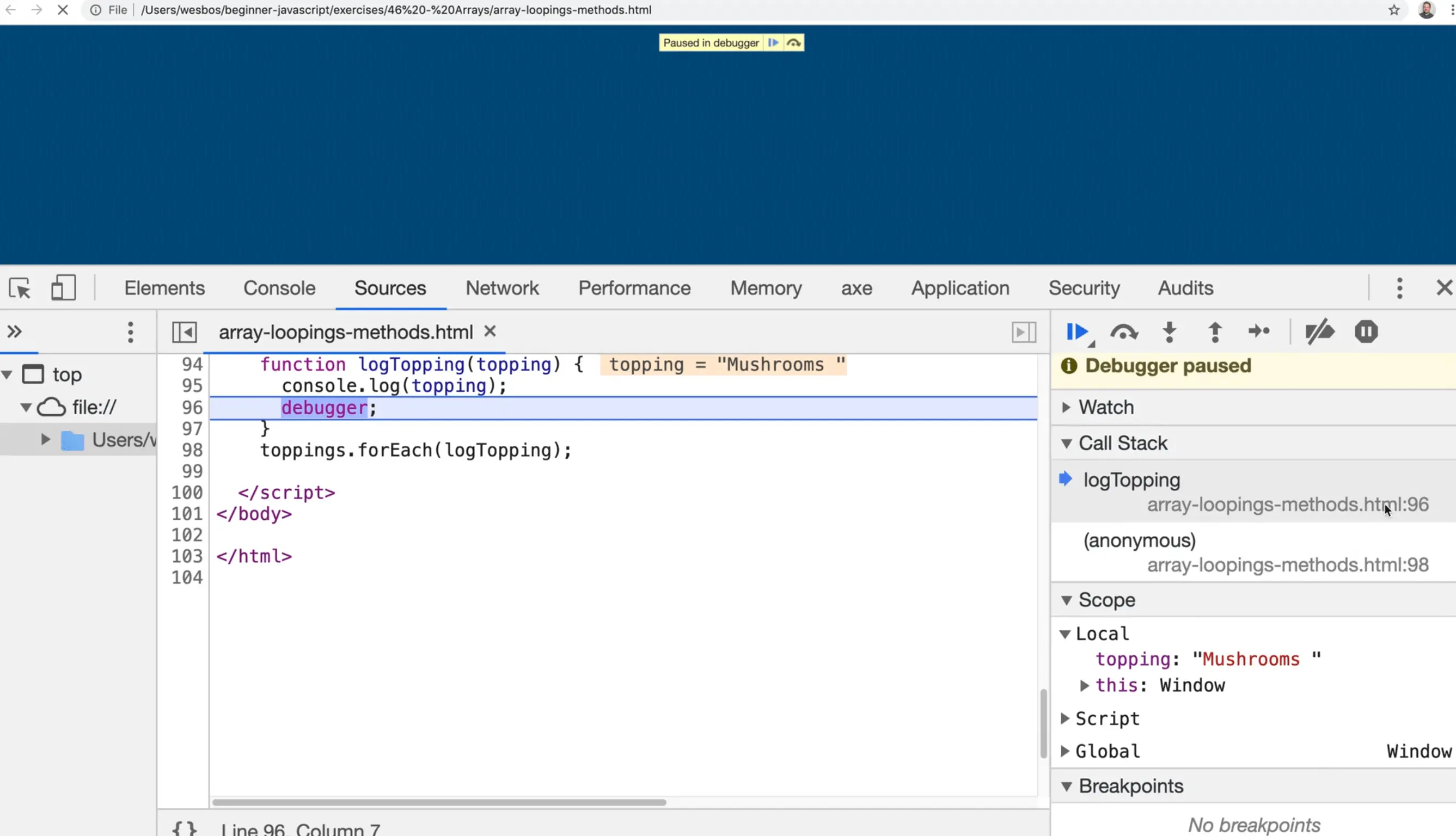 placing debugger in the logTopping callback function