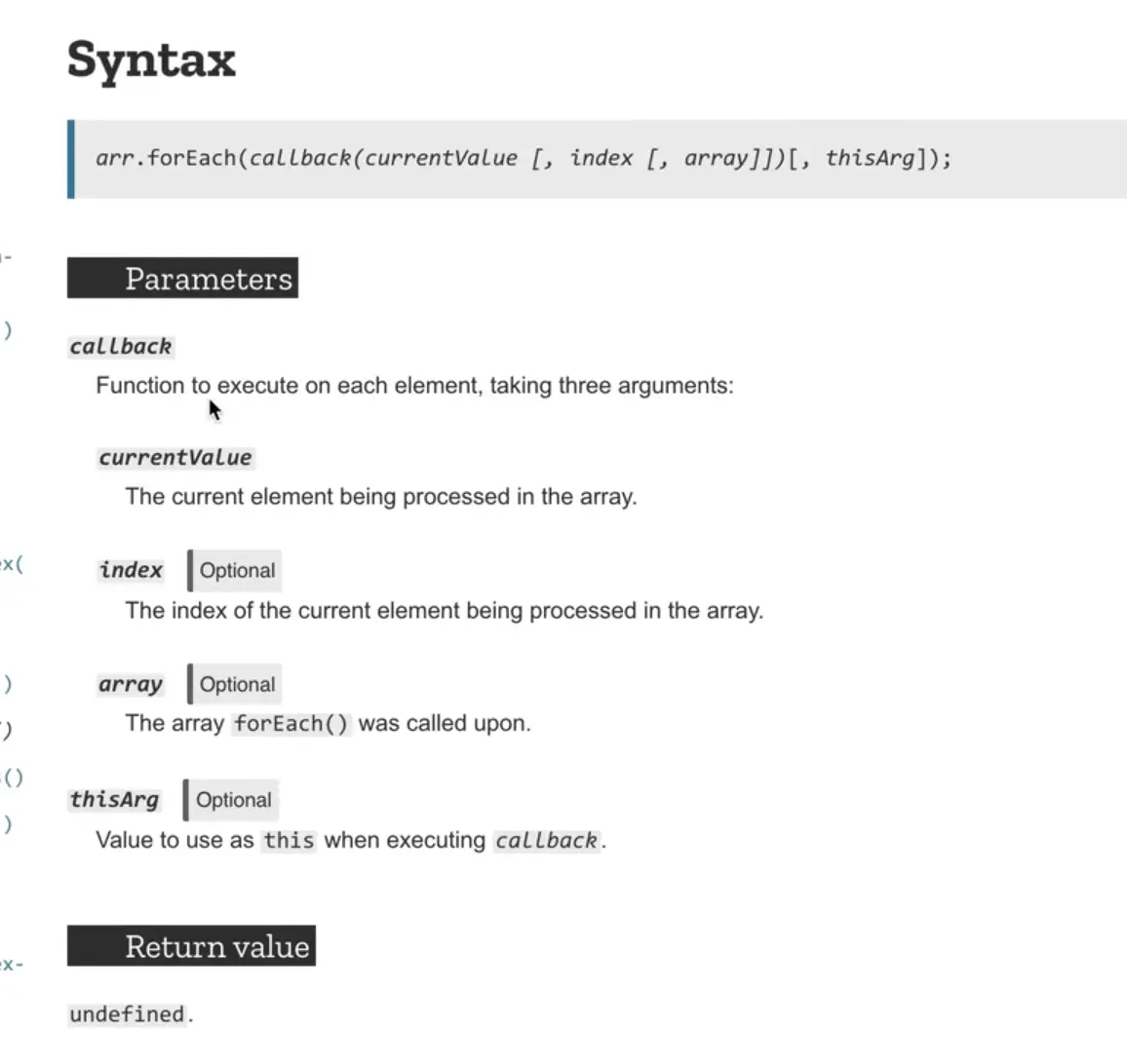 forEach mdn documentation for syntax