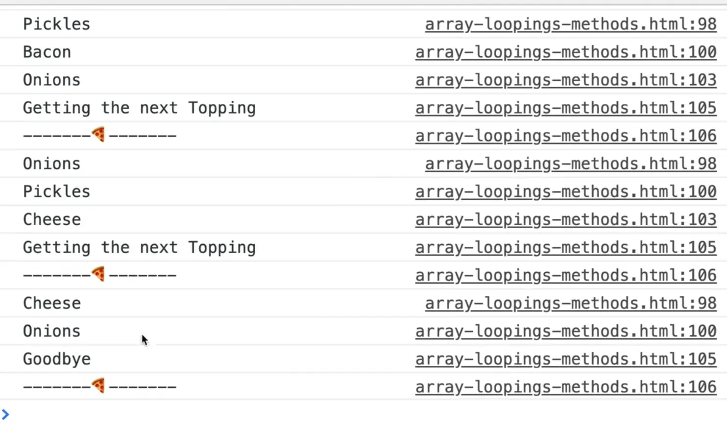 printing goodbye when we reach the end of array using length property of array