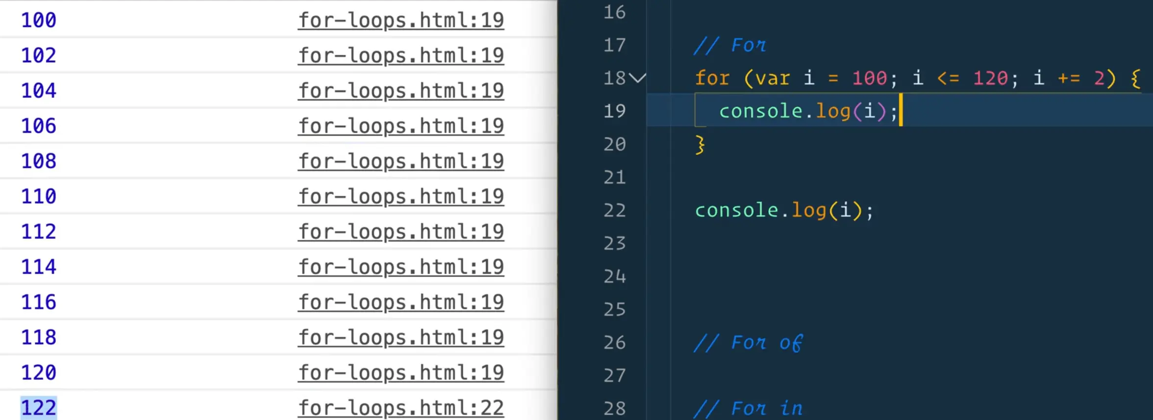 logged console from 100-120 with a strange 122 value at the end