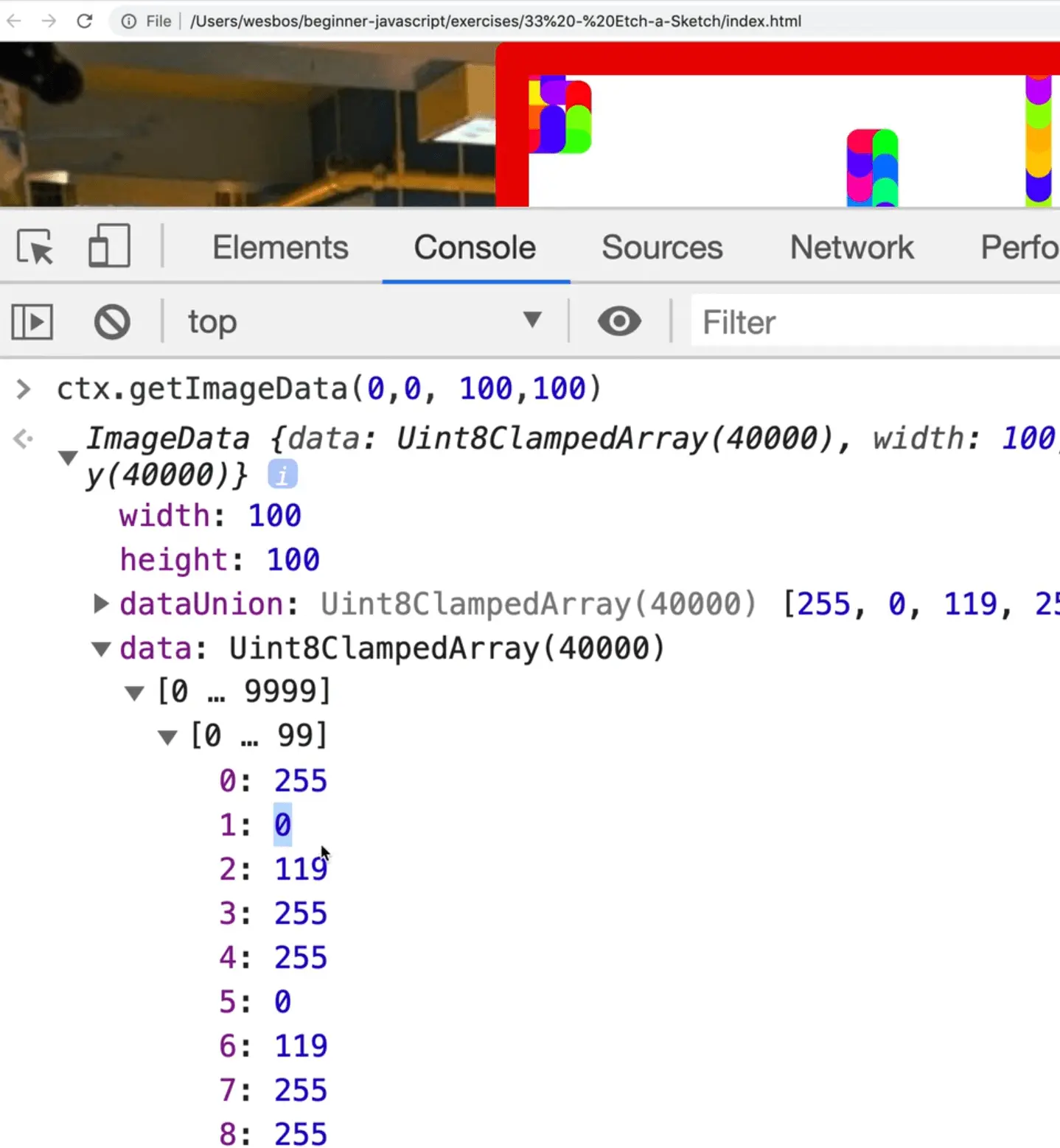 contents of the array representing RGBA values