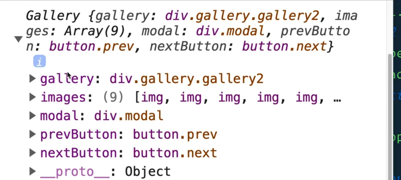 console log of gallery with having properties in it